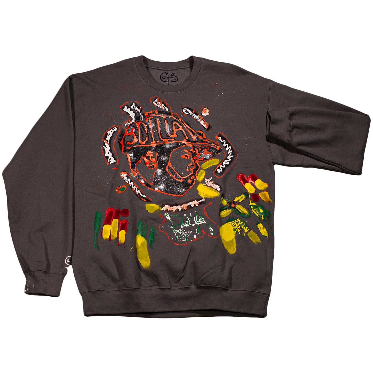 J Dilla One Of One Hand Painted Crewneck Sweater (Charcoal/Black/Multicolored Paint)